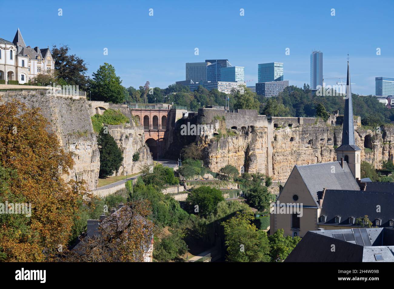 Europe, Luxembourg, Luxembourg City, Views of the Casemates du Bock with the Kirchberg beyond and the Grund below Stock Photo