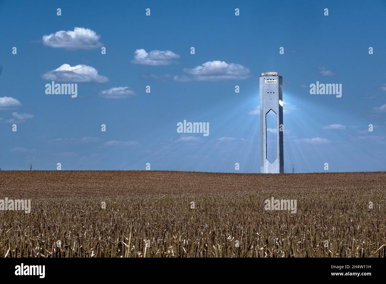 Electric plant. The world's first commercial concentrating solar power tower in Sanlucar la Mayor, near Sevilla, Spain Stock Photo
