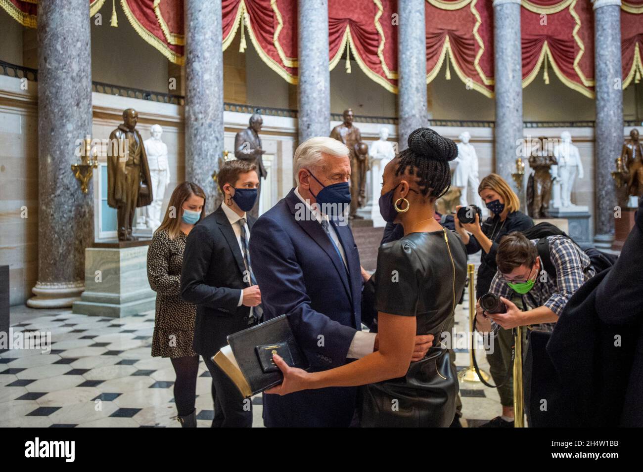 United States Representative Shontel Brown (Democrat of Ohio), right, is greeted by United States House Majority Leader Steny Hoyer (Democrat of Maryland), left, after being sworn-in as a member of the Congressional Black Caucus in Statuary Hall at the US Capitol in Washington, DC, Thursday, November 4, 2021. Credit: Rod Lamkey/CNP Stock Photo