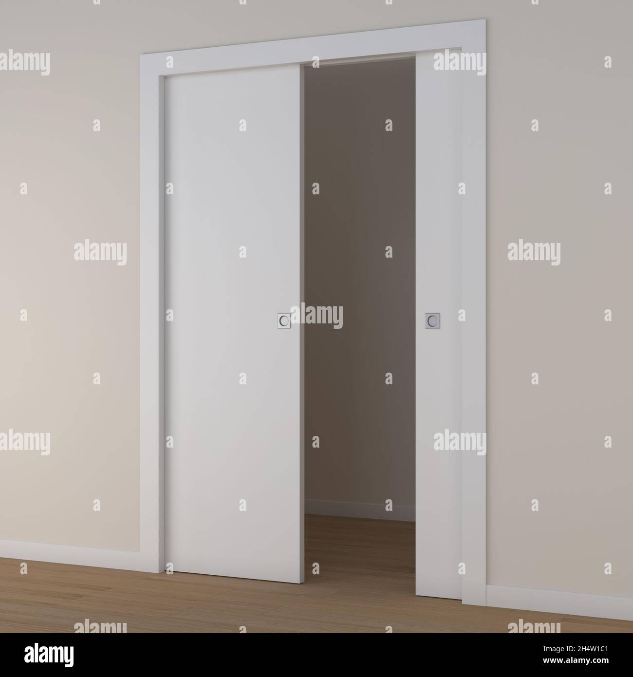 3d rendering of a double sliding door in white lacquered wood Stock Photo
