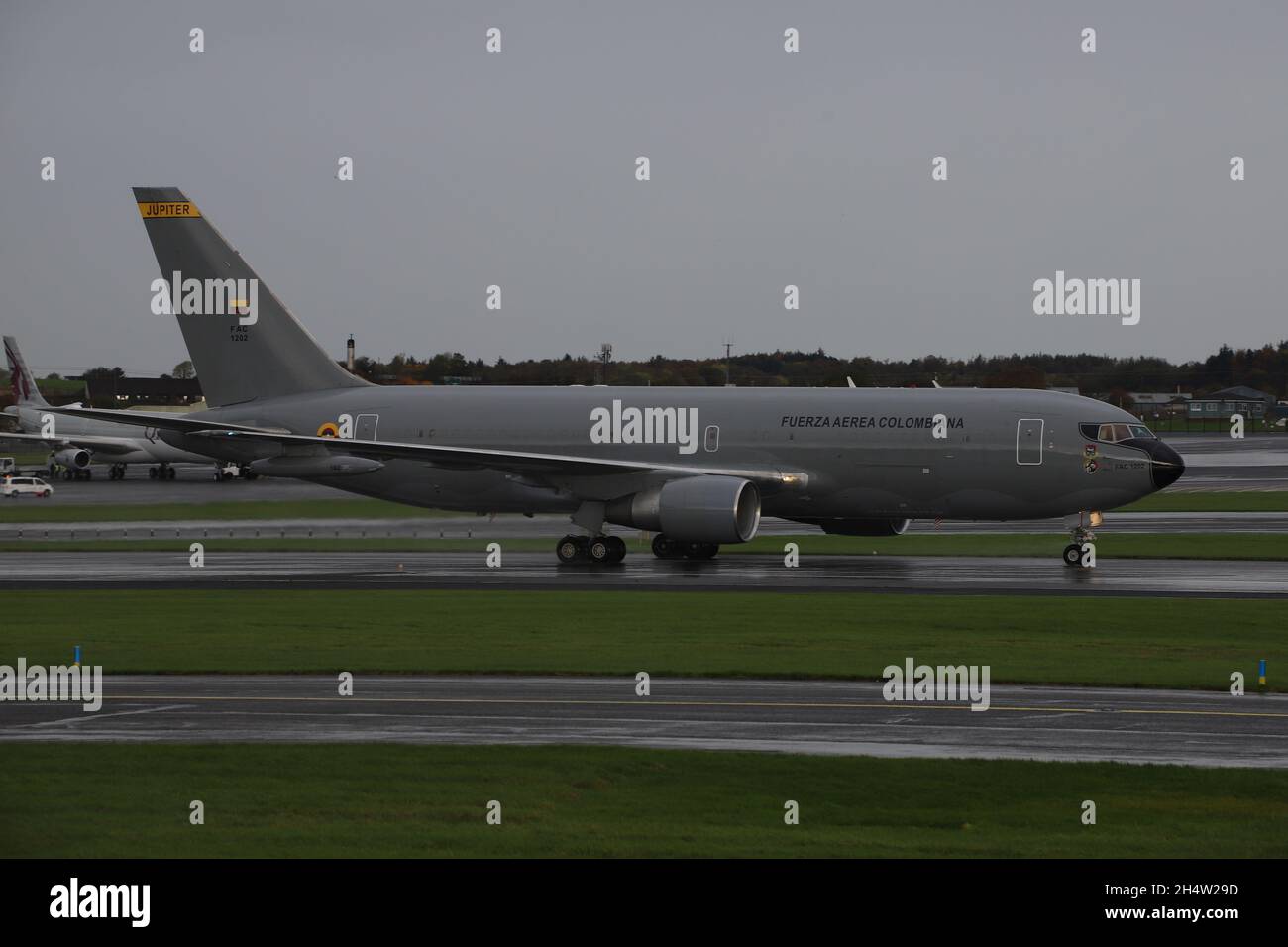 FAC 1202, a Boeing 767MMTT operated by the Colombian Air Force (Fuerza Aérea Colombiana - FAC), on arrival at Prestwick International Airport in Ayrshire, Scotland. The aircraft brought President Duque and other Colombian delegates to Scotland, for the COP26 summit taking place in Glasgow. Stock Photo