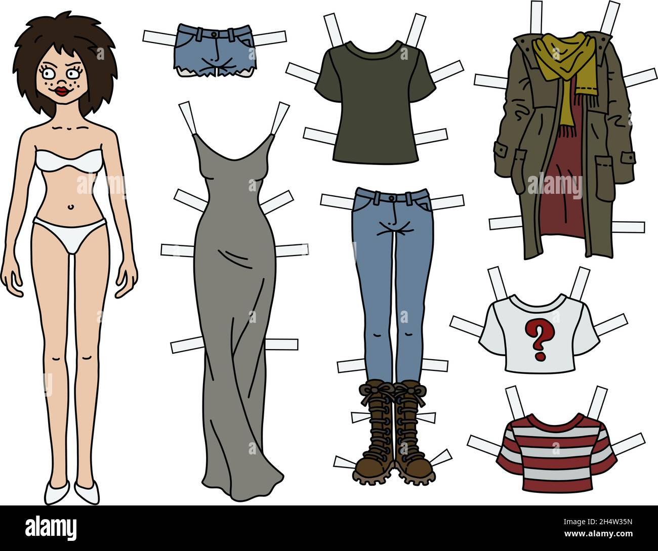 The brunette paper doll with cutout clothes Stock Vector Image