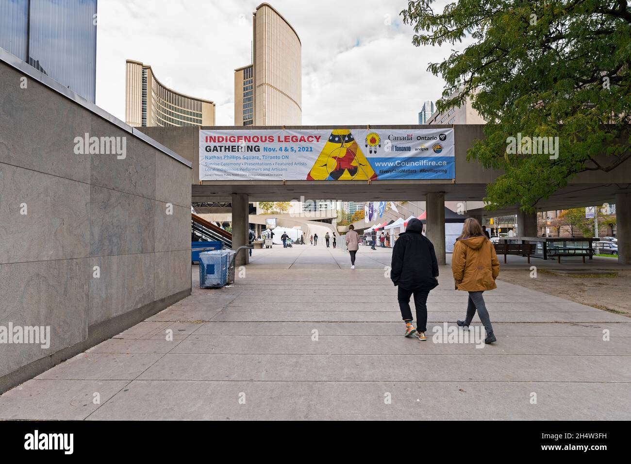 Sign, Banner at Entrance to the  Indigenous Legacy Gathering, on November 4, 2021 in Toronto, Nathan Phillips Square, Canada Stock Photo