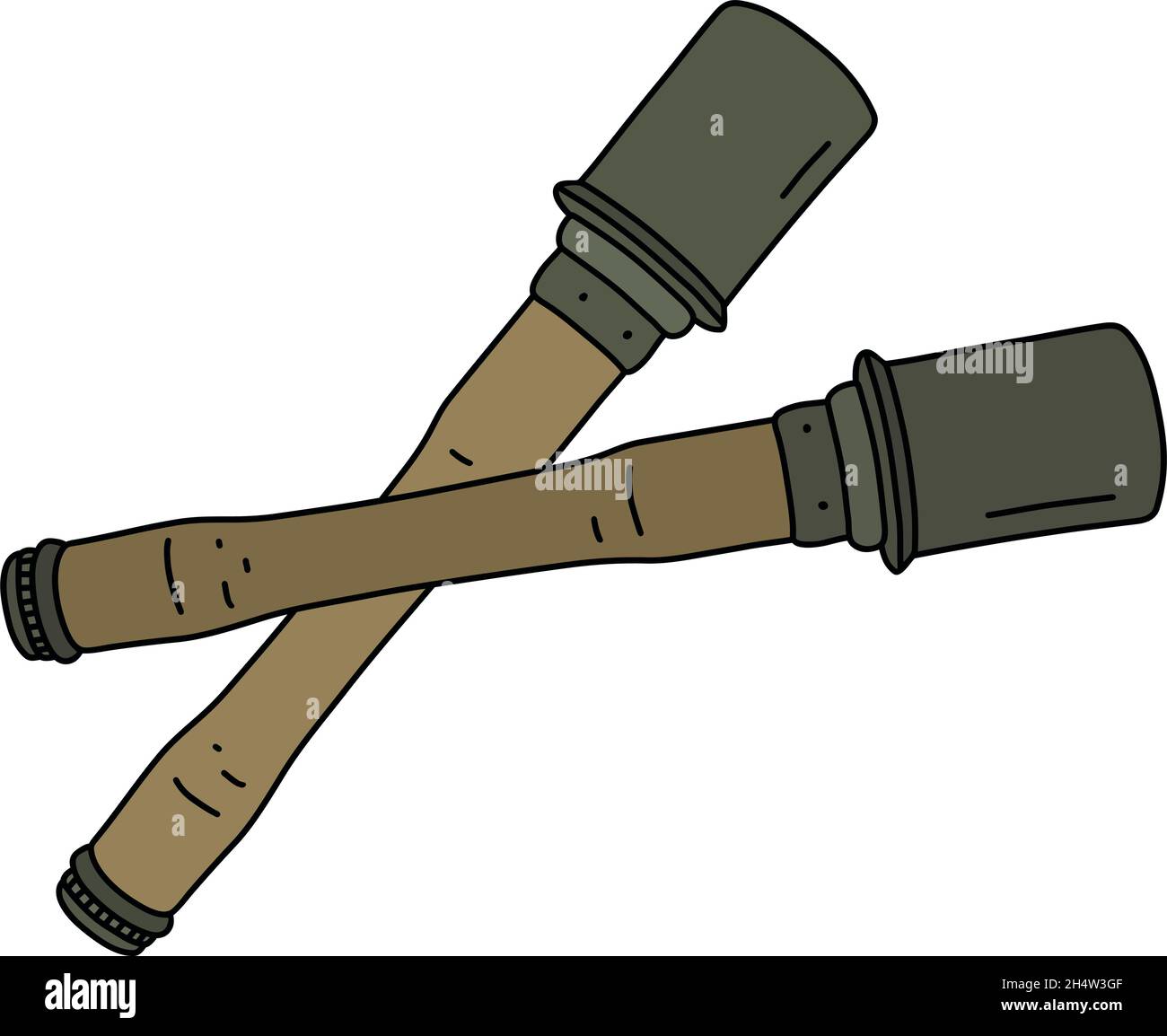 The vectorized hand drawing of two old germany hand grenades with a wooden handles Stock Vector