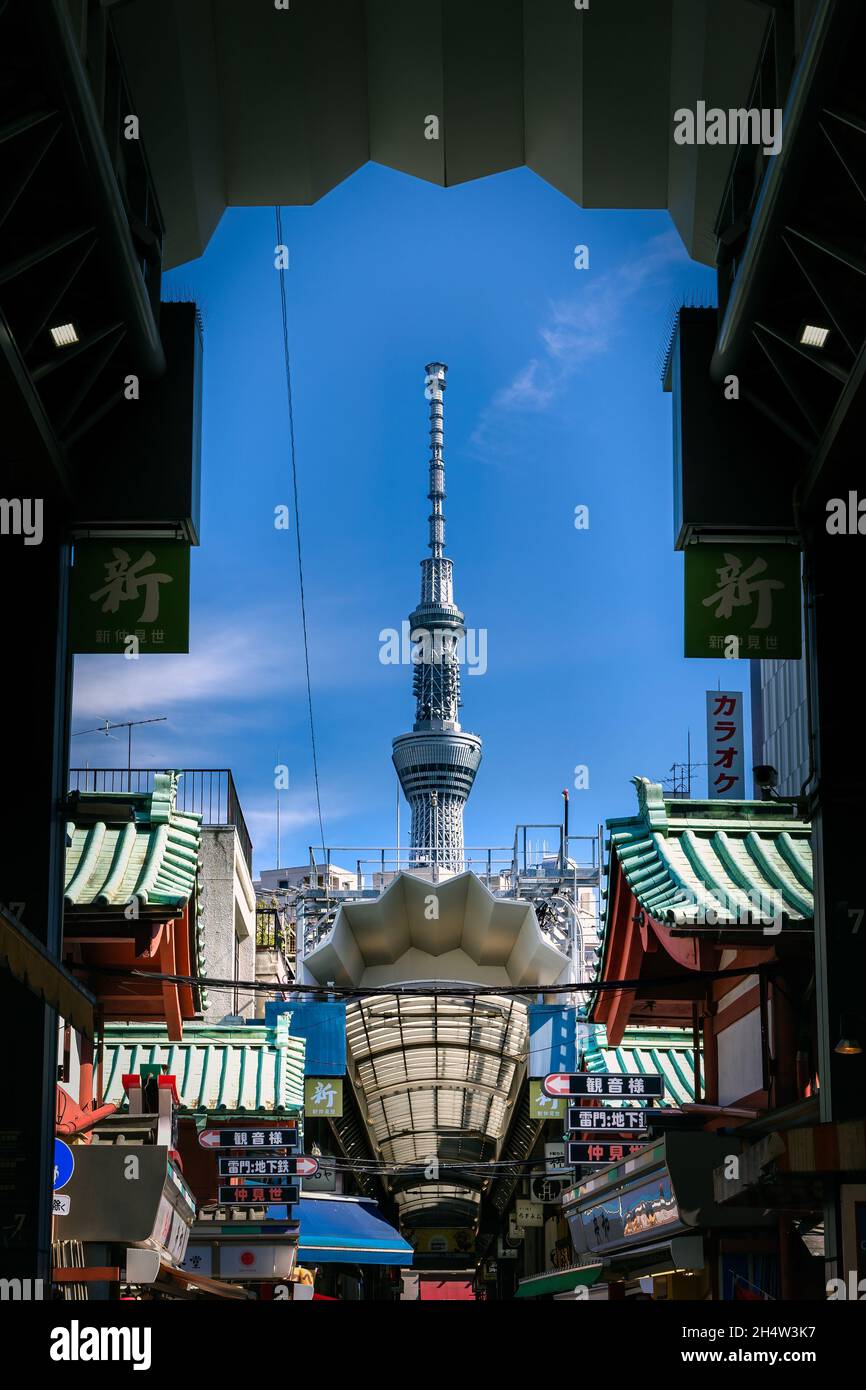 The roofs of the Nakamise Shopping Street in Asakusa with the SkyTree in the background in Tokyo, Japan. Stock Photo