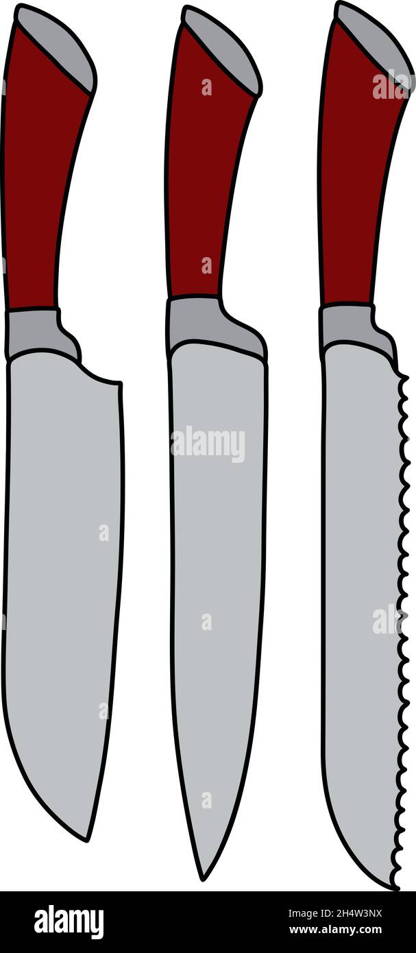 The vector illustration of a set of three large kitchen knives Stock Vector
