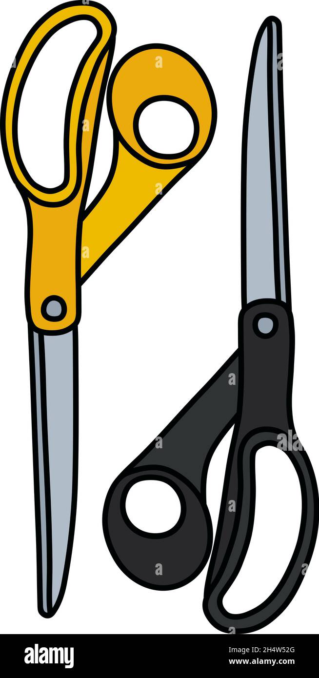 The hand drawing of two big scissors with black and yellow plastic
