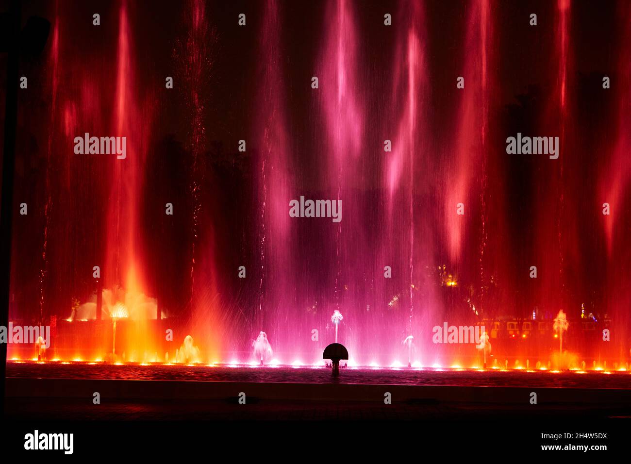 Light show on Fantasy Fountain at the Magic Water Circuit (world's largest fountain complex) Park of the Reserve, Lima, Peru, South America Stock Photo