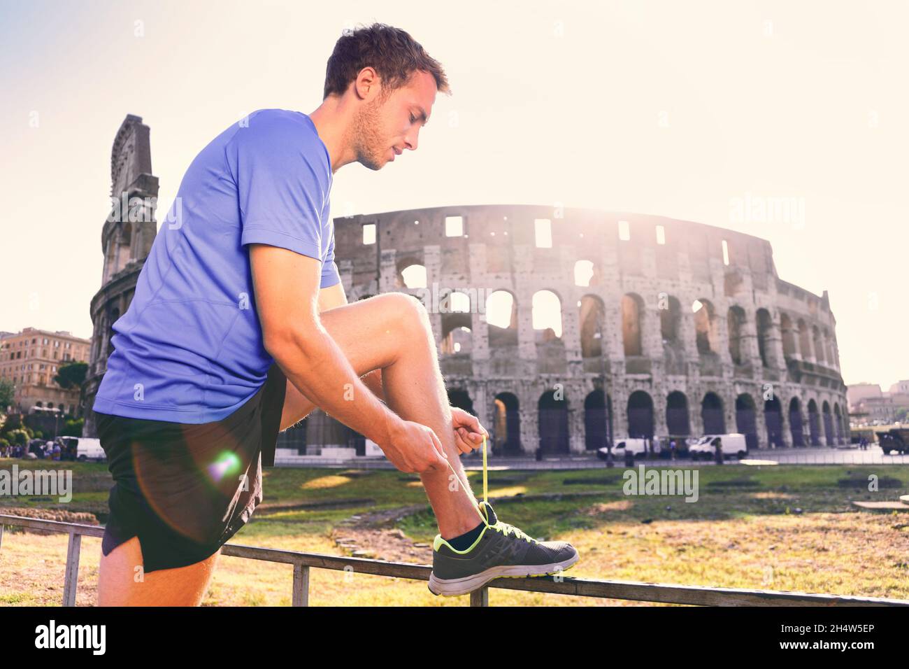 Running shoes man runner athlete tying shoe laces. male sport fitness