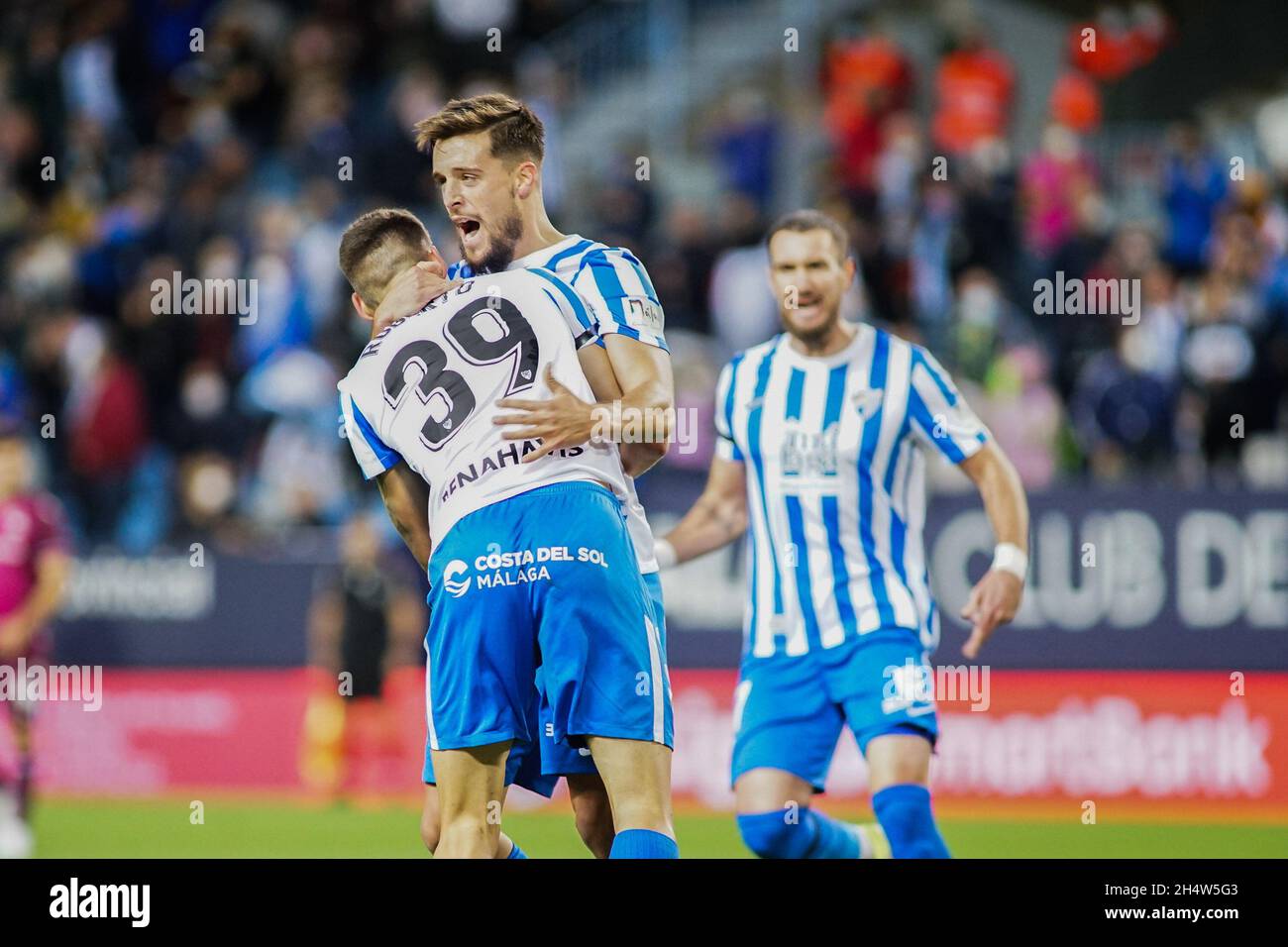 Malaga CF players celebrate a goal during the La Liga Smartbank match  between Malaga CF and Real Sociedad B at La Rosaleda Stadium, in Malaga  (Final Score Malaga CF 2:1 Real Sociedad