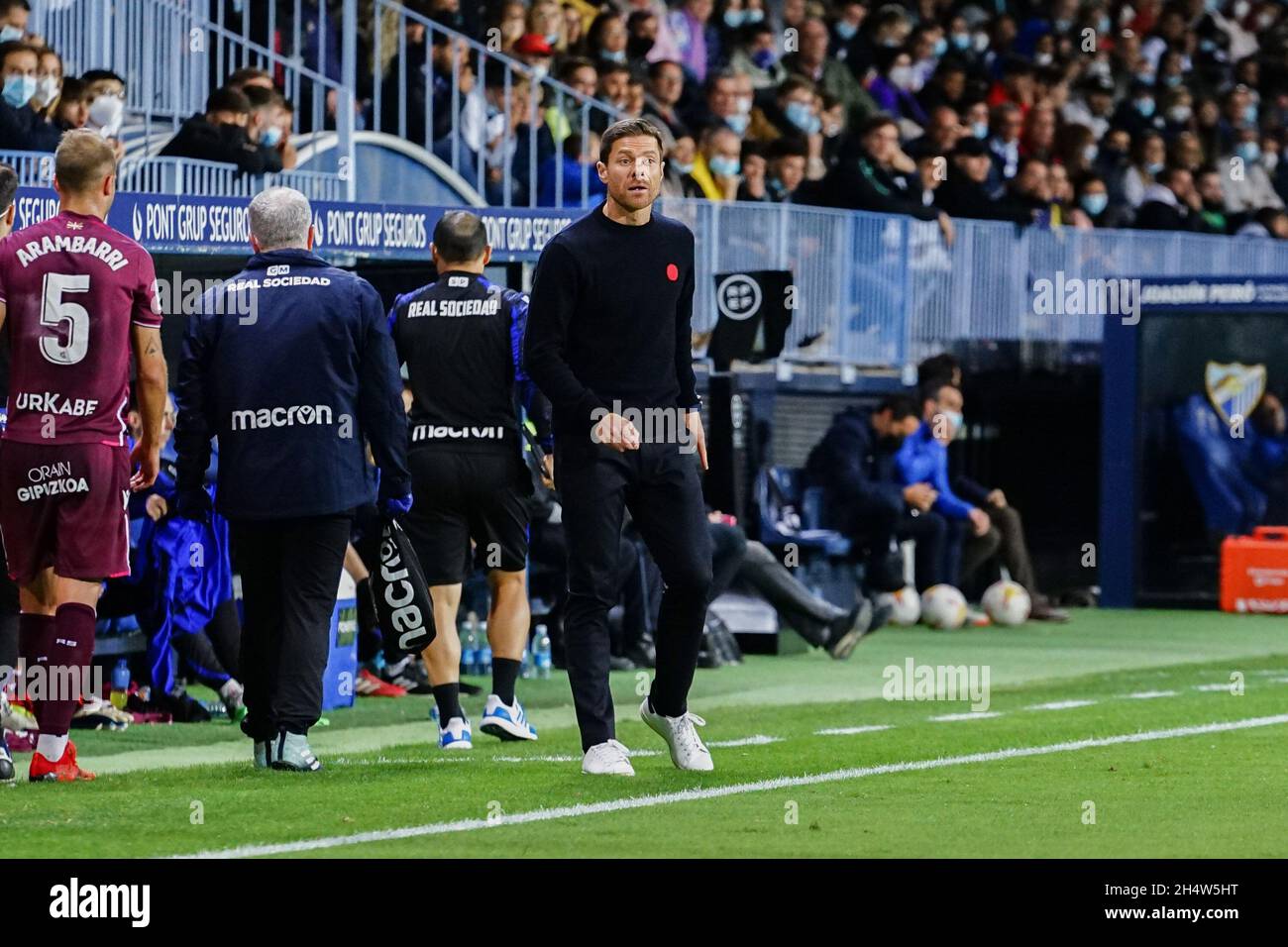 Real Sociedad B Coach Xabi Alonso (C) seen during the La Liga Smartbank match between Malaga CF and Real Sociedad B at La Rosaleda Stadium, in Malaga(Final Score Malaga CF 2:1 Real