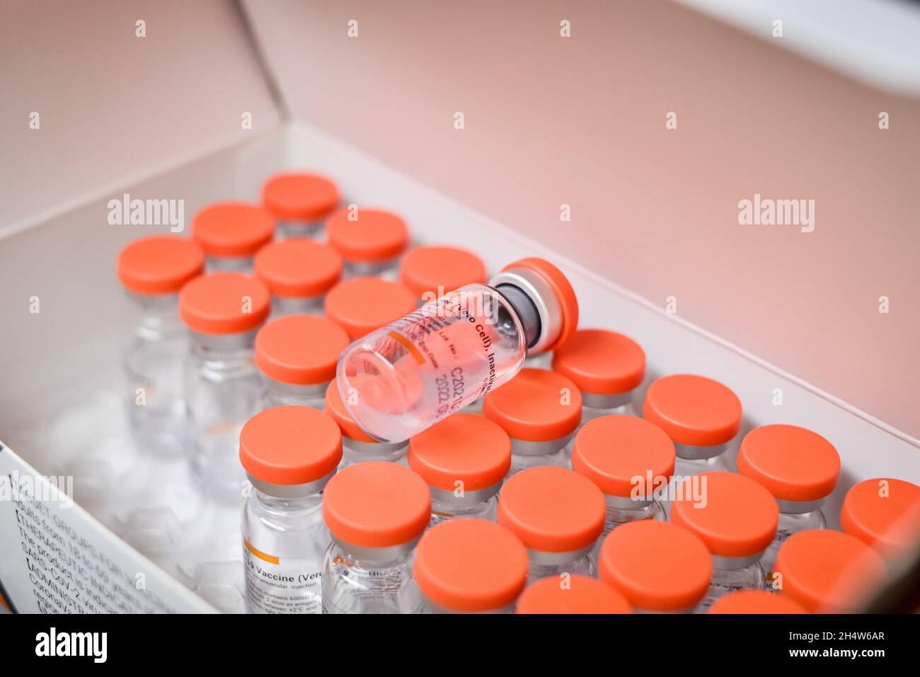 A box of China's SINOVAC COVID-19 vaccine as the Colombian government begins to vaccinate children between ages 3 to 11 against the Coronavirus disease (COVID-19) with the China's SINOVAC vaccine, in Ipiales - Nariño, Colombia on November 3, 2021. Stock Photo