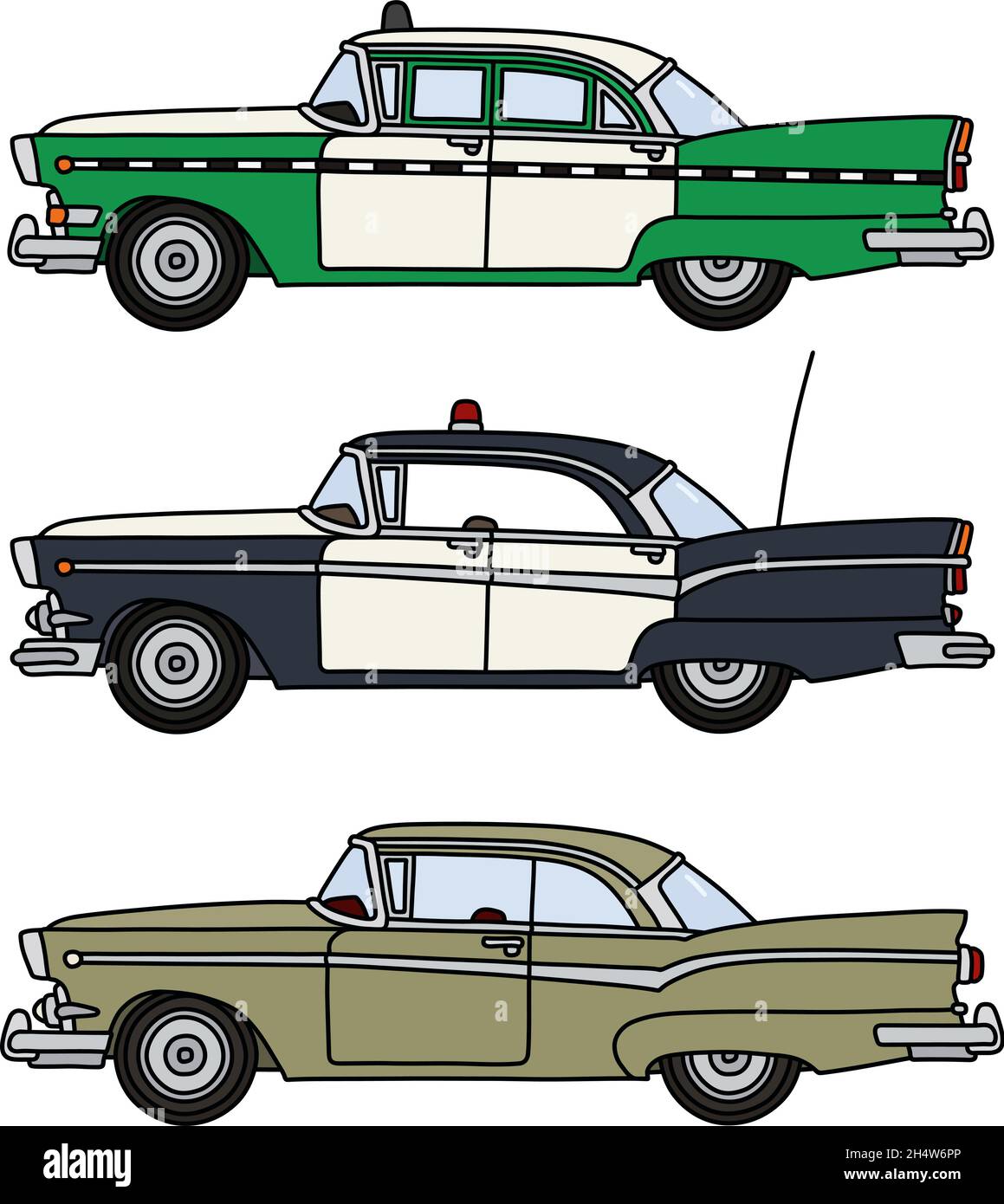 The vectorized hand drawing of three funny old american cars Stock Vector