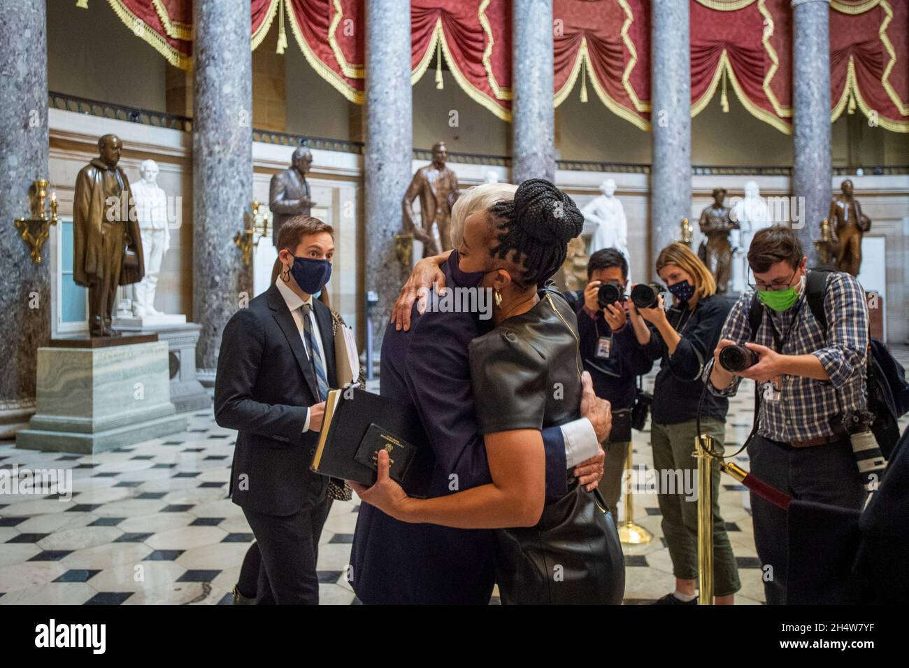 United States Representative Shontel Brown (Democrat of Ohio), right, is embraced by United States House Majority Leader Steny Hoyer (Democrat of Maryland), left, after being sworn-in as a member of the Congressional Black Caucus in Statuary Hall at the US Capitol in Washington, DC, Thursday, November 4, 2021. Credit: Rod Lamkey/CNP /MediaPunch Stock Photo