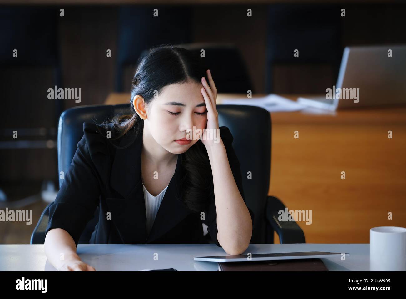Company employees show boredom from unfinished. Stock Photo