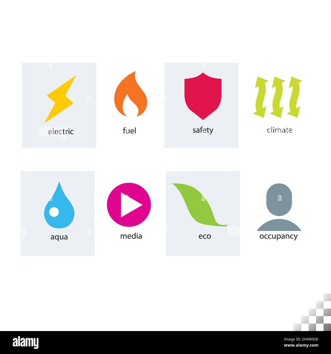 home or office power and utilities, gas, heat, water, safety, occupancy, media, eco, icons Stock Vector