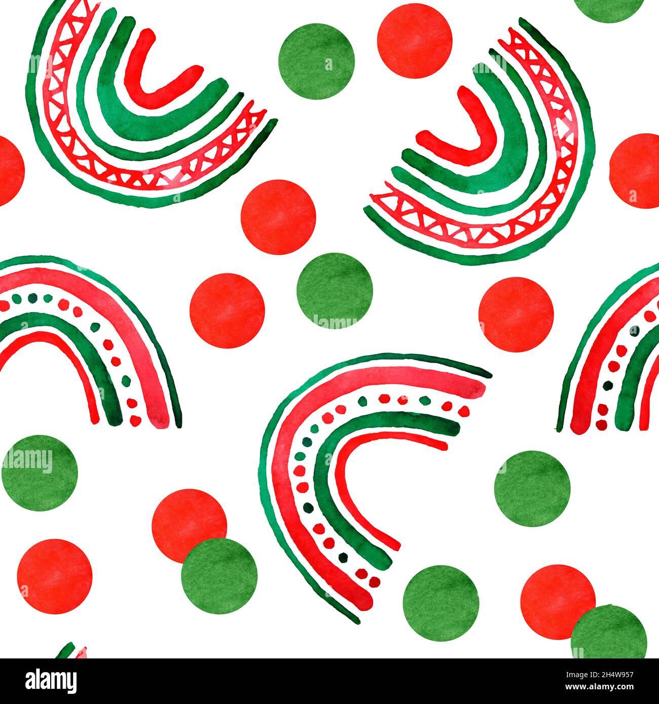 Watercolor hand drawn seamless pattern boho festive rainbows polka dot circles. Green red christmas elements on white background, festive holiday winter celebration, funny abstract traditional print Stock Photo