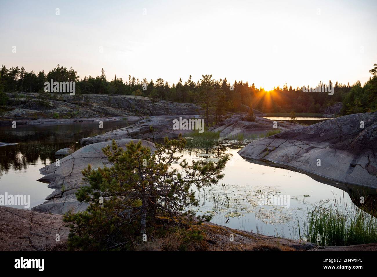 Nature skerry at Lake Ladoga in the Republic of Karelia in Russia against the background of the setting sun Stock Photo