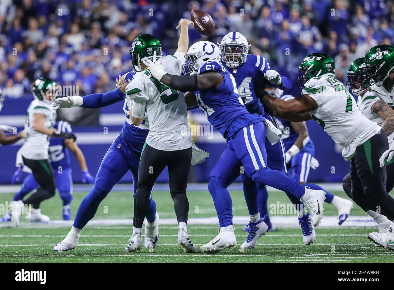 January 08, 2023: Indianapolis Colts defensive lineman Kwity Paye (51)  makes the tackle on Houston Texans running back Dare Ogunbowale (33) during  NFL game in Indianapolis, Indiana. John Mersits/CSM/Sipa USA.(Credit Image:  ©