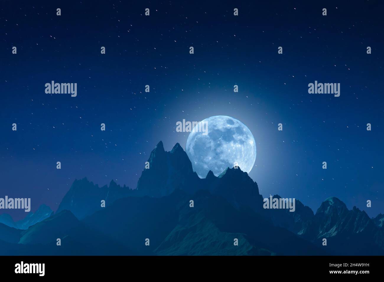 Night landscape with mountains and full moon, beautiful stars in endless galaxy Stock Photo