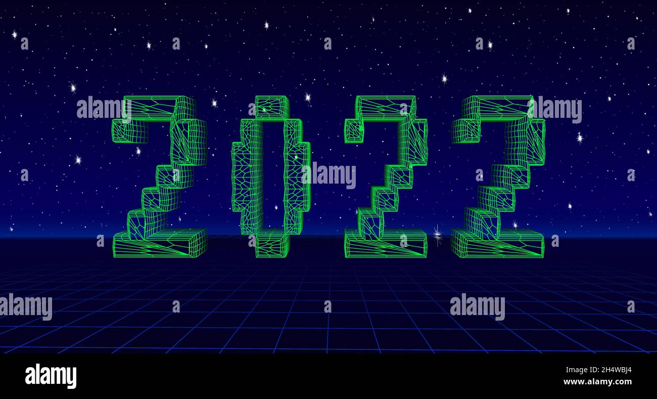 2022 New Year card for winter celebration with pixel grid digits in sci ...