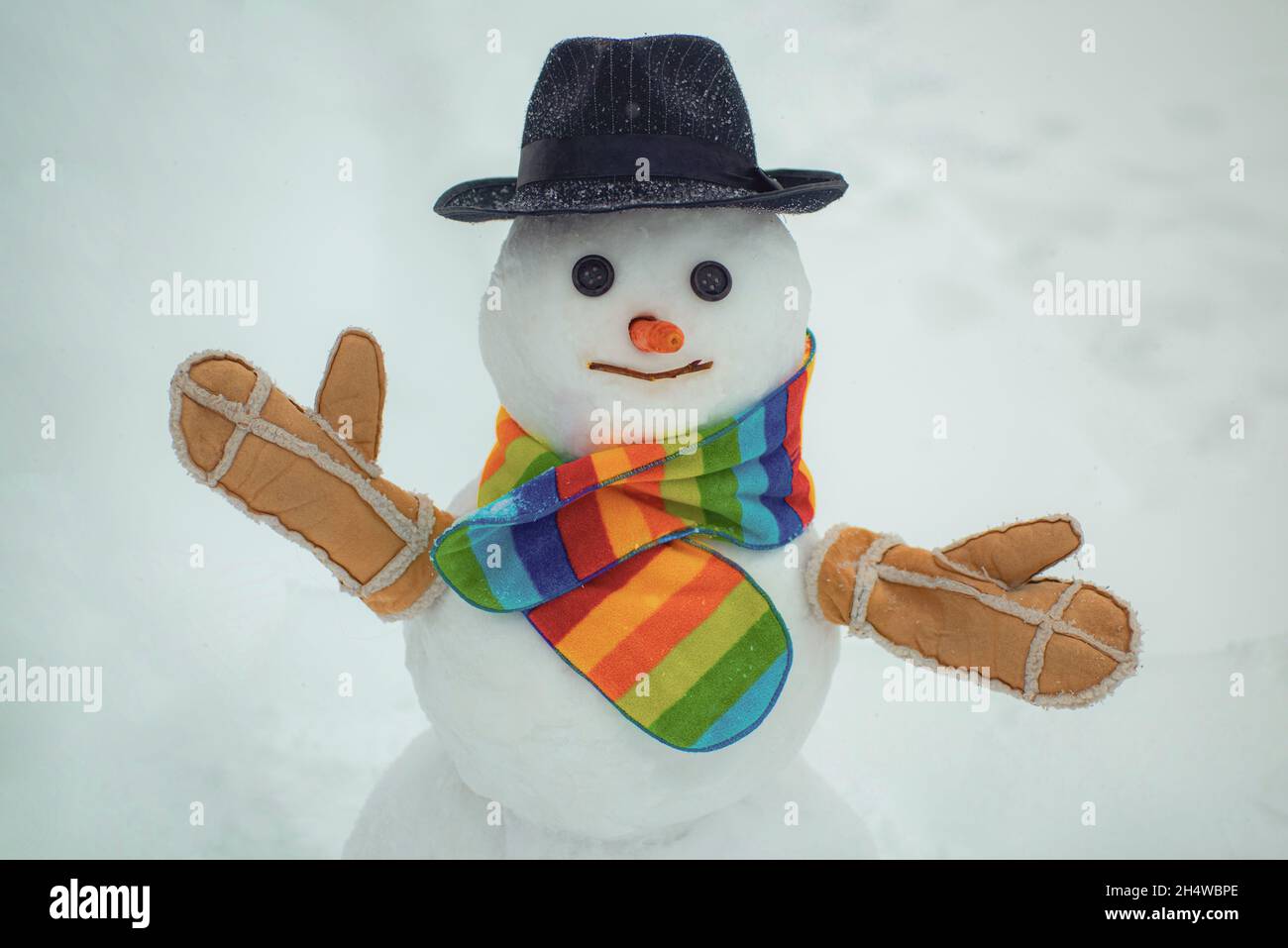 Christmas snowman on white snow background. New year concept Stock ...