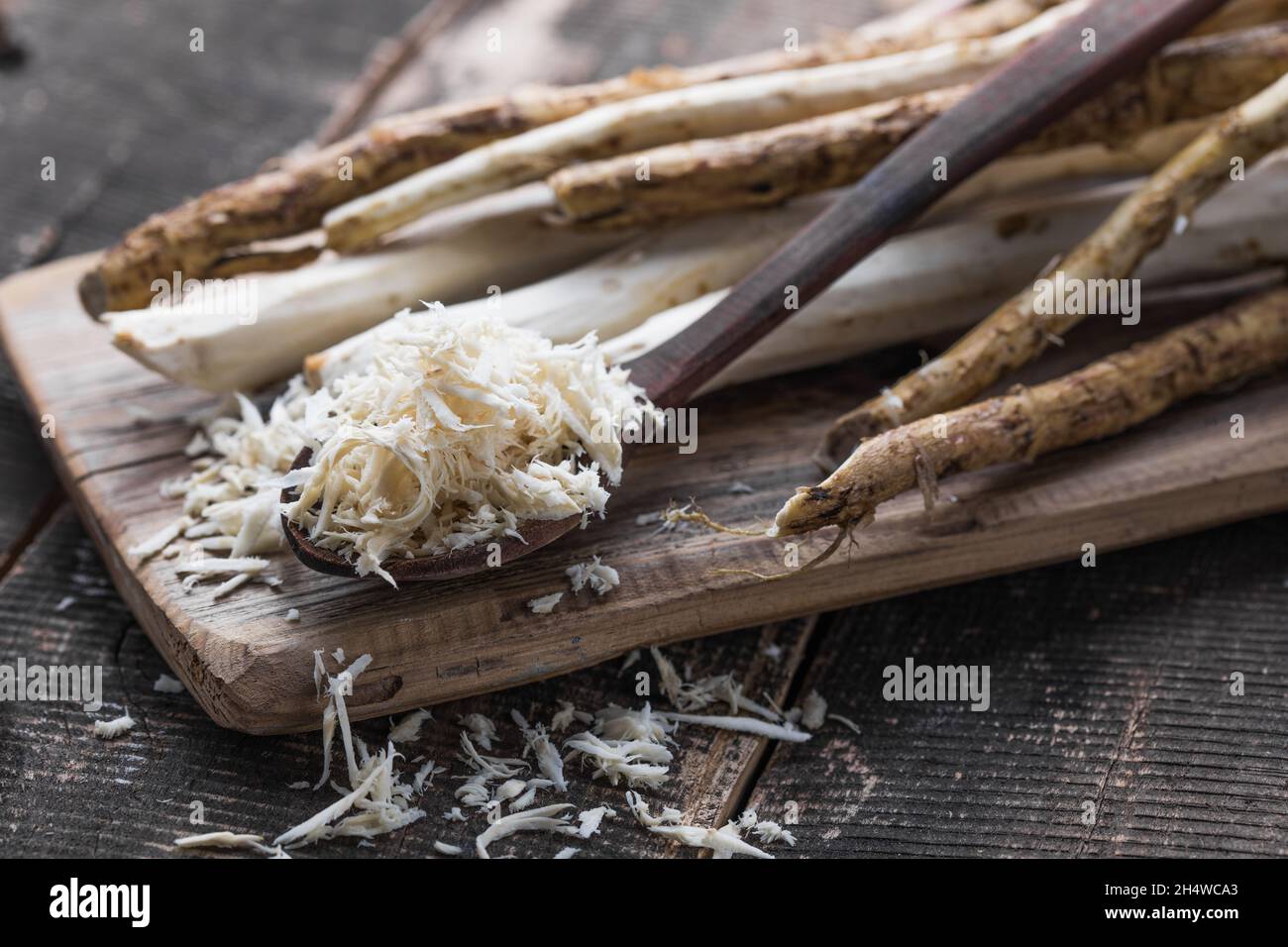 Fresh organic horseradish or Horse-radish root on wooden cutting board. Stock Photo