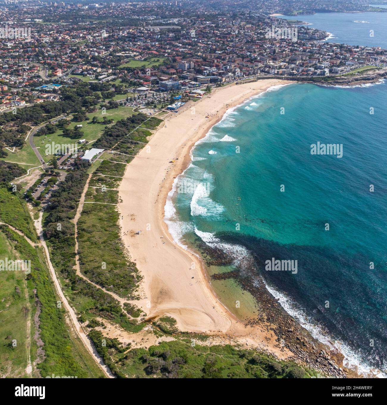 Aerial view of Maroubra Beach in Sydney Eastern Suburbs - Sydney NSW Australia Stock Photo
