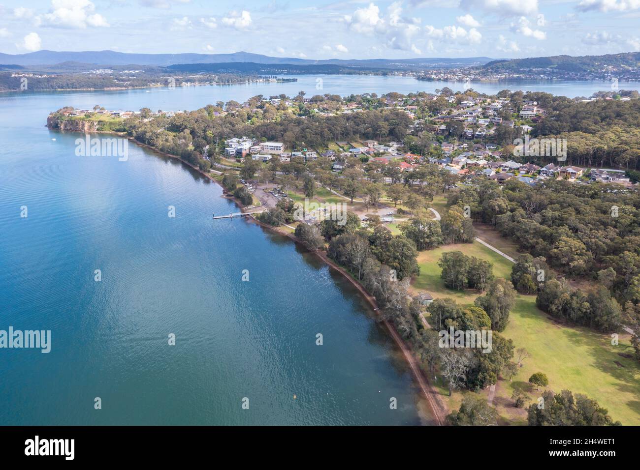 Aerial view of Croudace bay looking towards Eleebana. Lake Macquarie Newcastle NSW Australia Stock Photo
