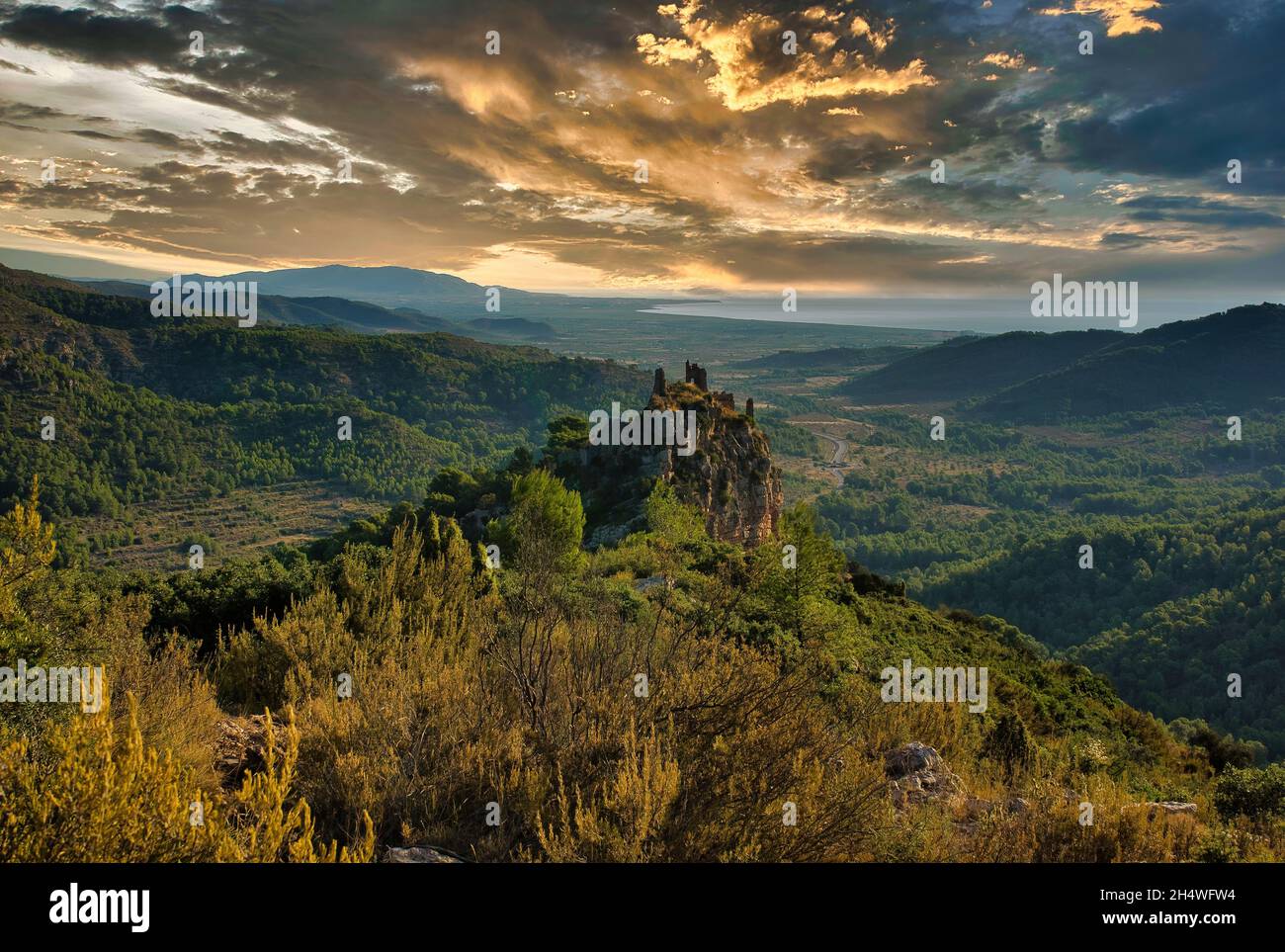 Views from Miravet Castle in Cabanes at sunrise, Spain Stock Photo