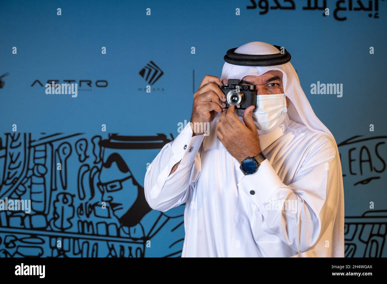 Doha, Qatar. 04th Nov, 2021. A guest arrives to Virgil Abloh's exhibition at Doha Fire Station