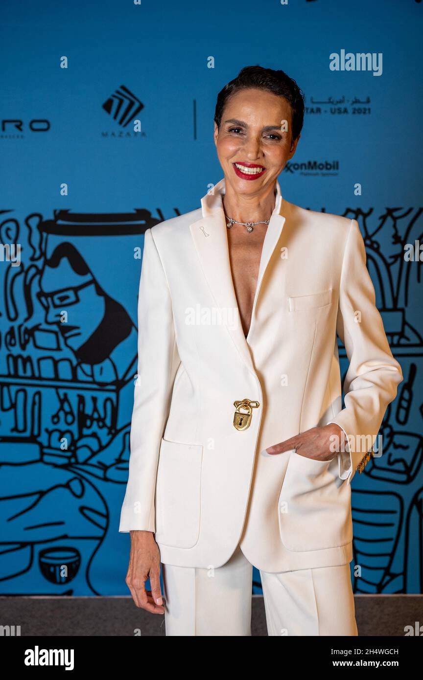 Doha, Qatar. 04th Nov, 2021. Farida Khelfa arrives to Virgil Abloh's exhibition at Doha Fire