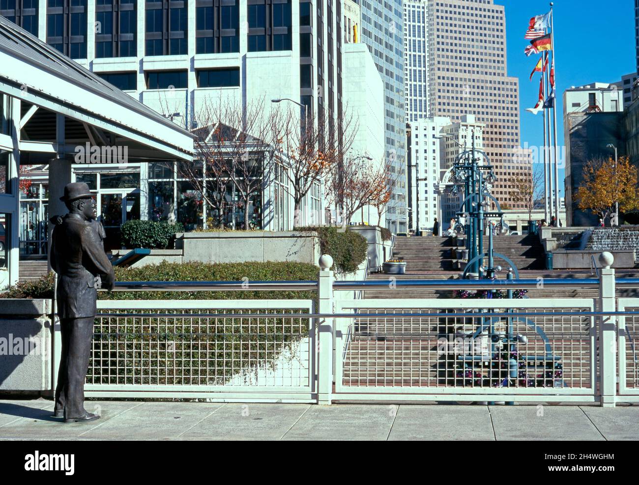Statue of man in a downtown shopping centre, Atlanta, USA