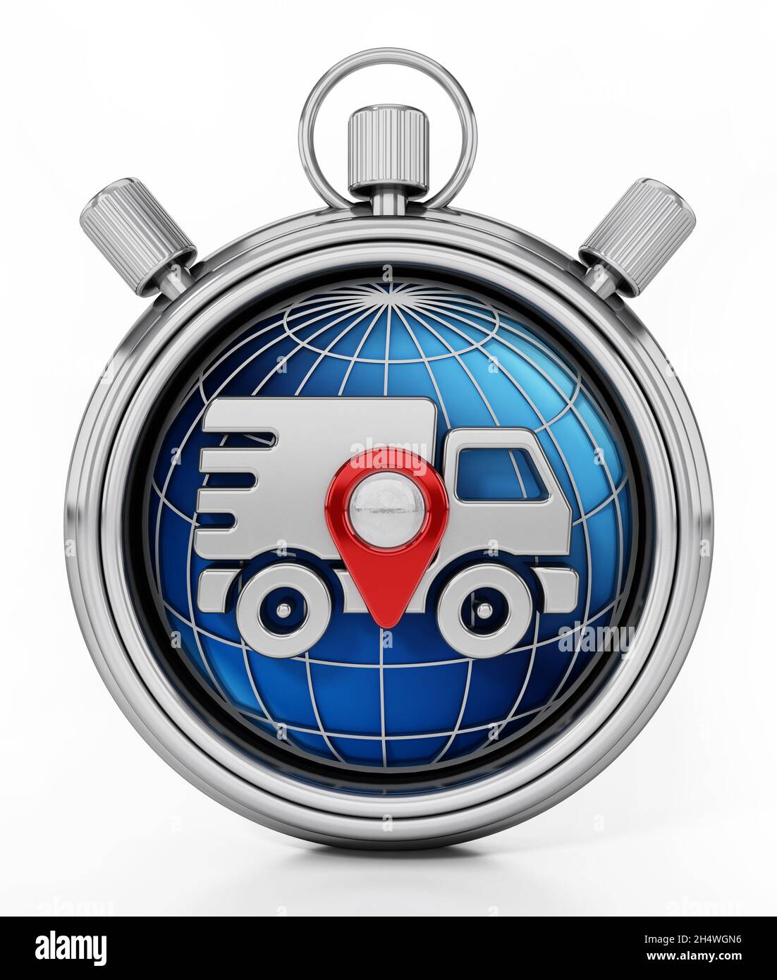 Delivery van and navigation marker on the globe inside the chronometer. 3D illustration. Stock Photo