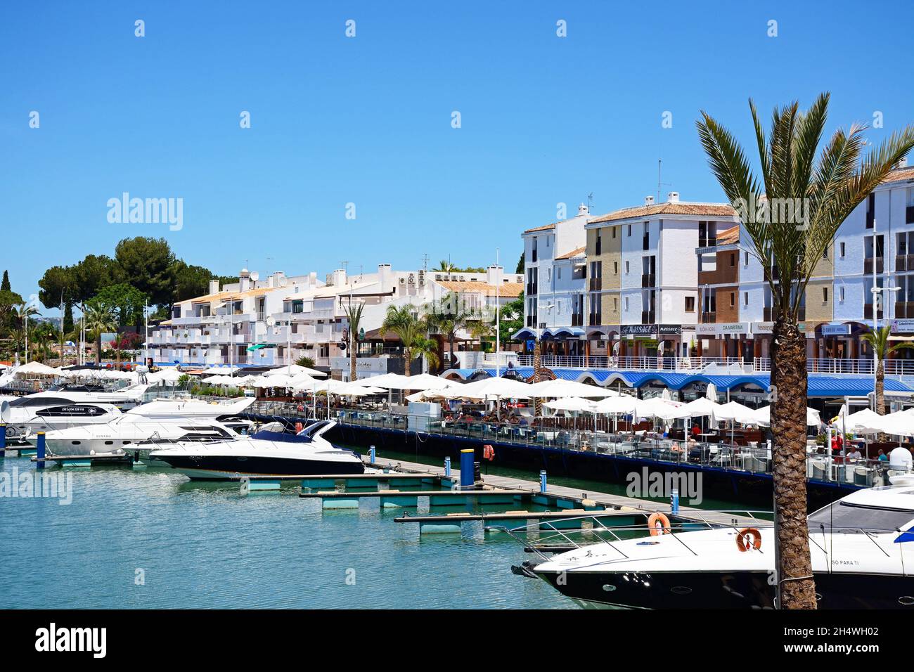 Luxury boats moored in the marina with waterfront restaurants to the rear, Vilamoura, Algarve, Portugal, Europe. Stock Photo