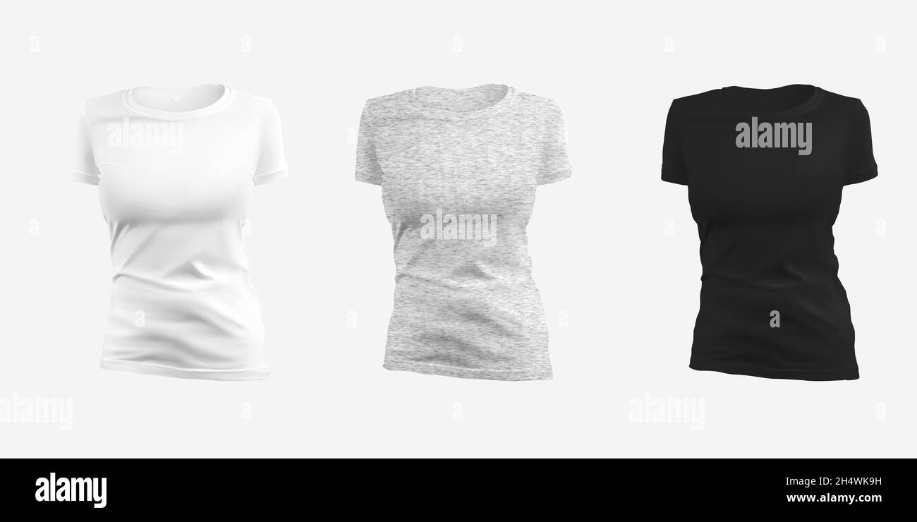 Mockup of white, heather, black womens t-shirt, 3D rendering, isolated on background, front view set. Blank fashion clothing template for design prese Stock Photo