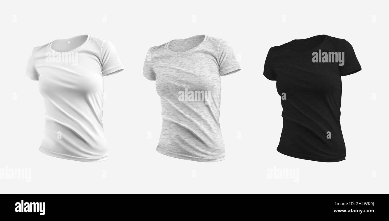 Blank White, Heather, Black T-Shirt Mockup, 3D Rendering, Isolated On  Background, Front. Stylish Clothing Template For Women, For Presentation Of  Desi Stock Photo - Alamy