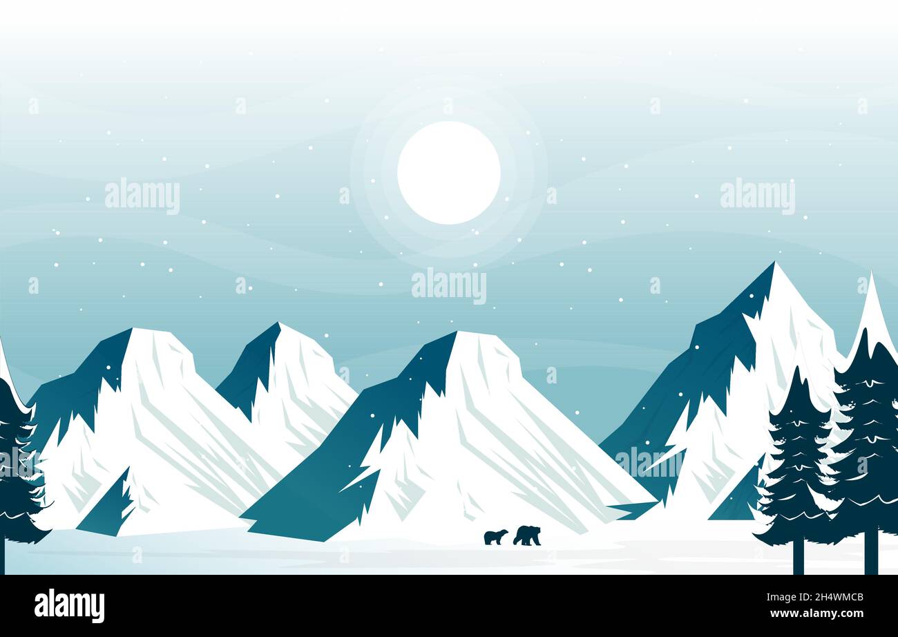 Bear Snow Mountain Frozen Ice Nature Landscape Adventure Illustration Stock Vector