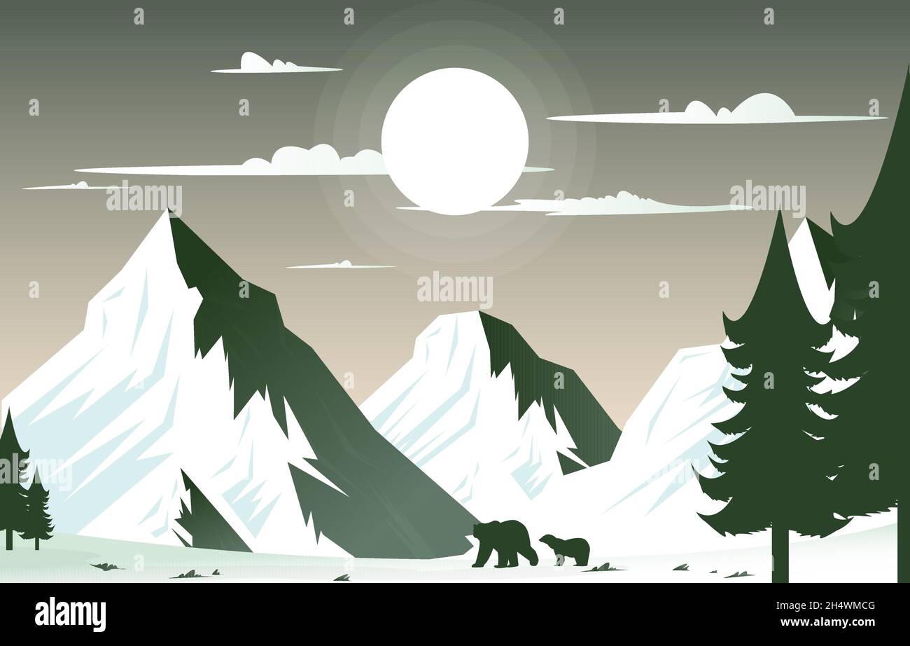 Bear Snow Mountain Frozen Ice Nature Landscape Adventure Illustration Stock Vector