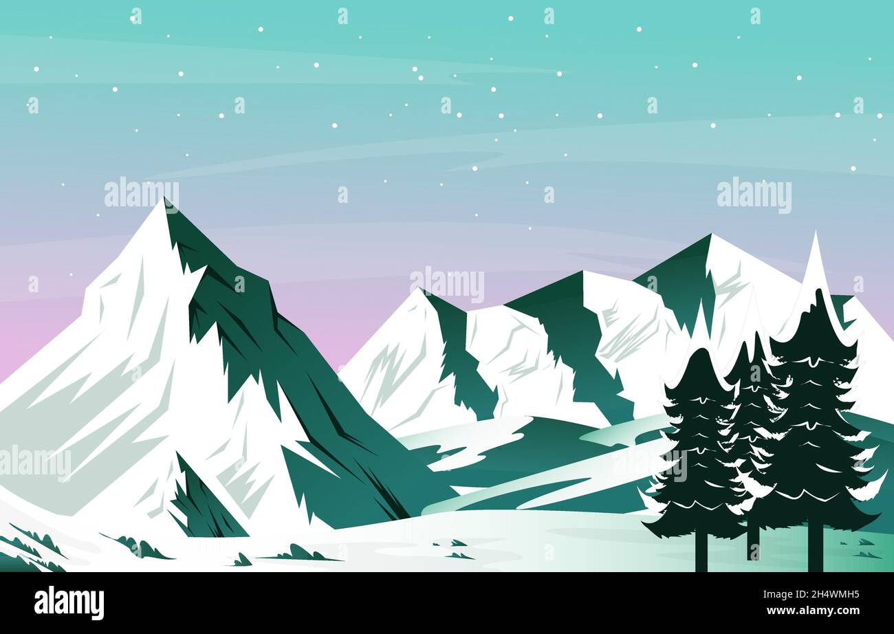 Snow Pine Peak Mountain Frozen Ice Nature Landscape Adventure Illustration Stock Vector