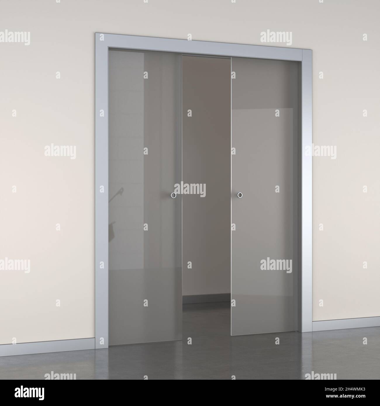 3d rendering of a double panel sliding door in frosted glass and metal Stock Photo