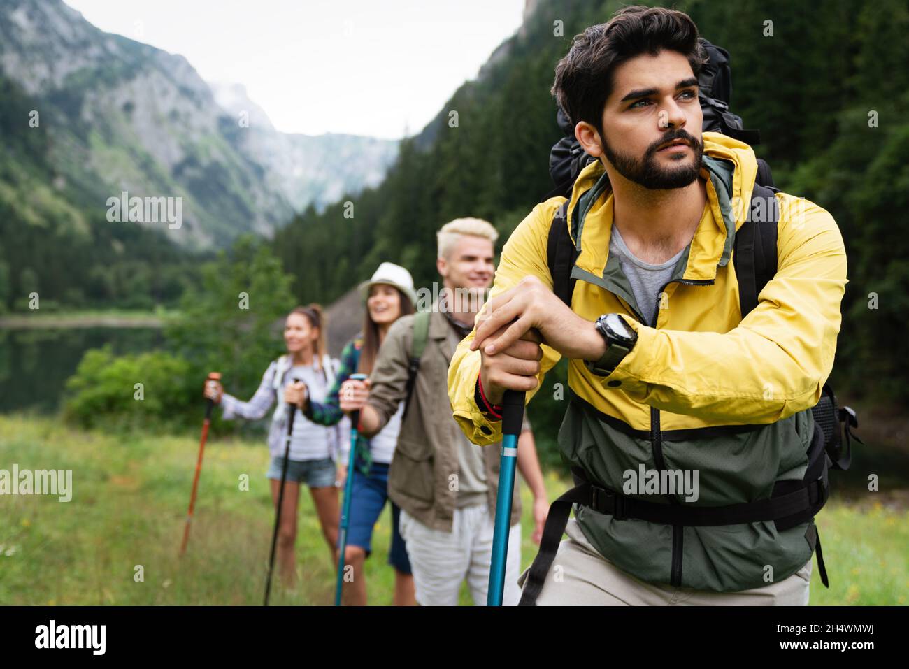 Hard, difficult, tiring and exhausting expedition of friends. Trekking