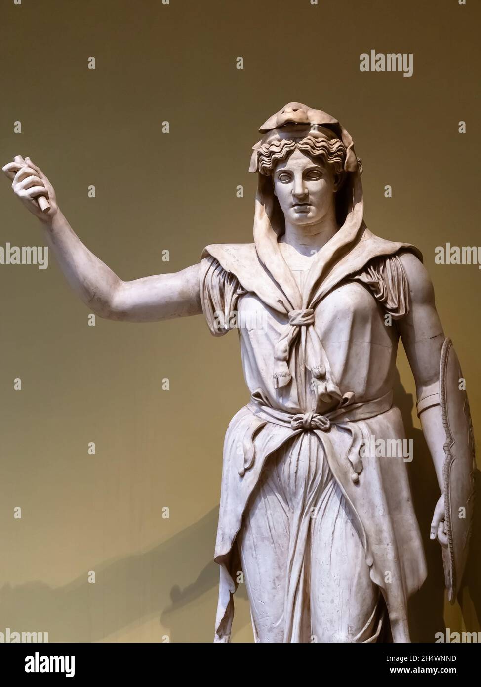 Statue of Juno Sospita with goatskin, spear and shield exhibited at