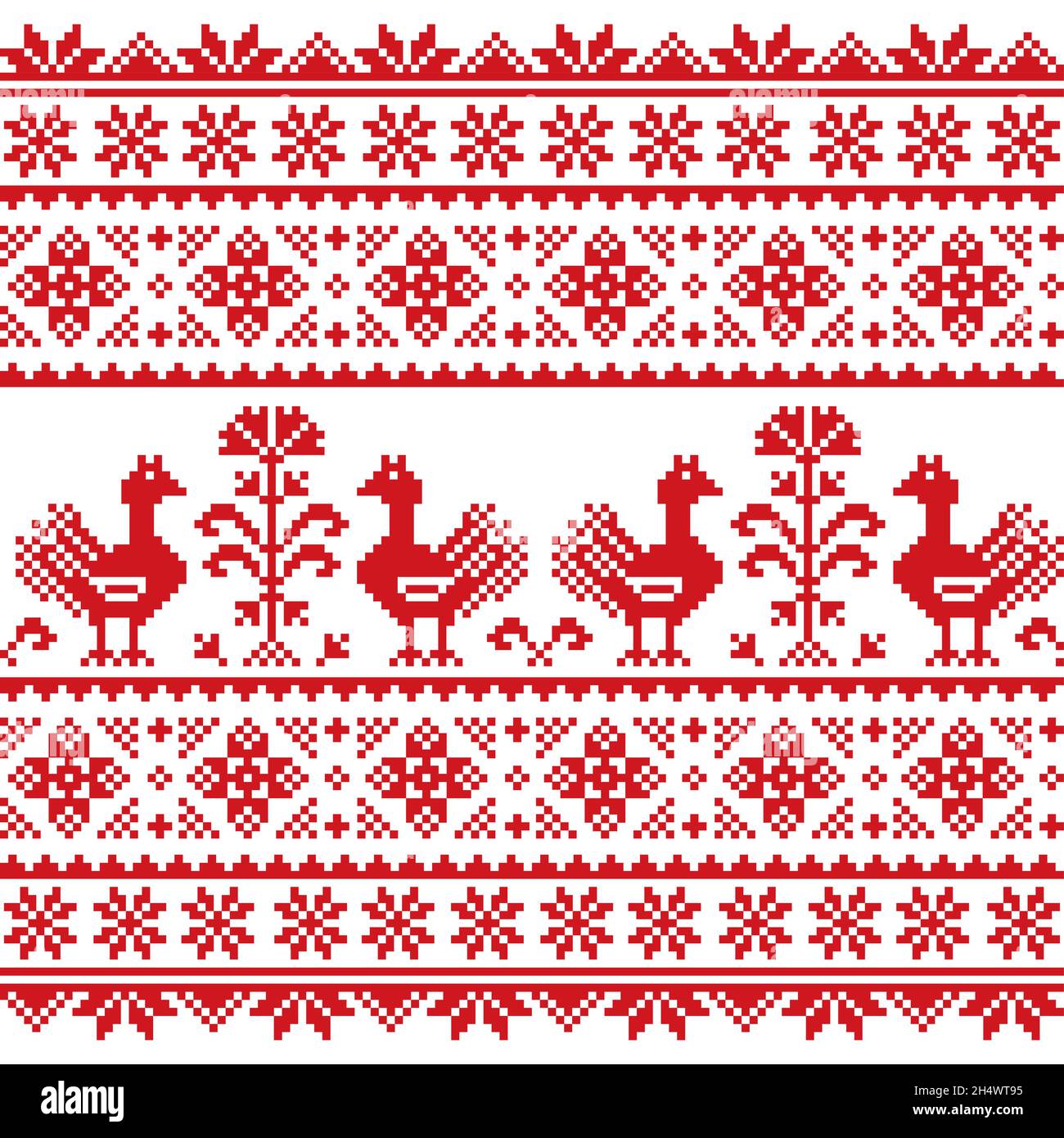 Ukrainian, Belarusian folk art vector seamless pattern with flowers and brids, red cross-stitch ornament inspired by folk art - Vyshyvanka Stock Vector