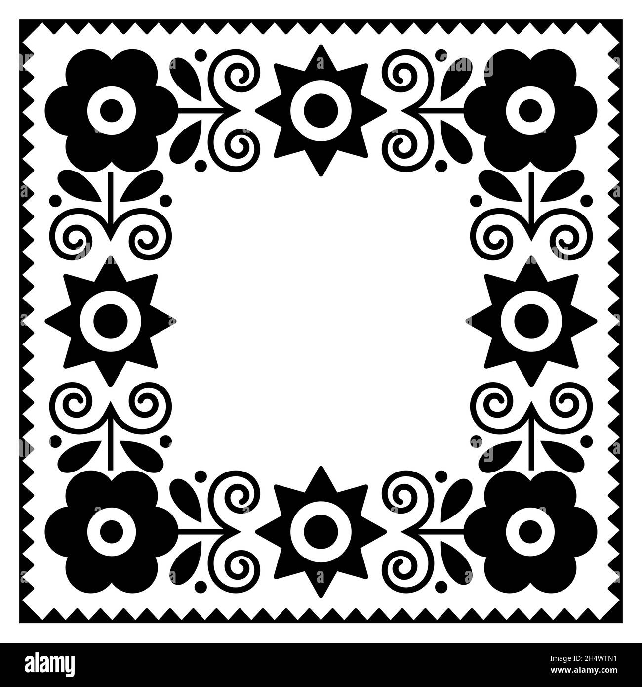 Polish traditional folk art square frame or border vector monochrome design with flowers, perfect for greeting card or wedding invitation Stock Vector