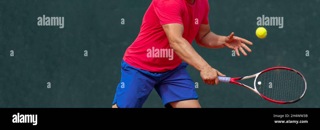 Male tennis player in action on the court. Horizontal sport poster