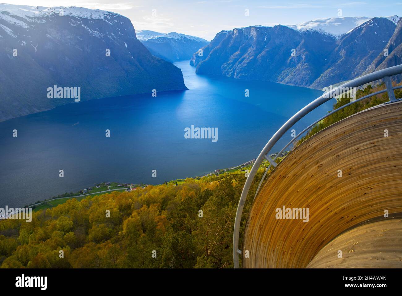 High angle landscape view on Aurlandsfjorden in Norway. Stock Photo