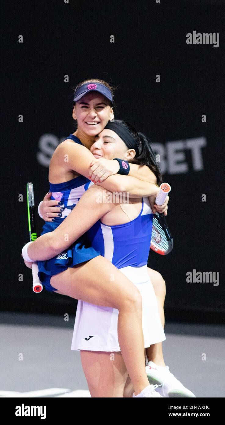 Irina Bara and Ekaterine Gorgodze win the WTA Transylvania Open International Tennis Tournament double final on October 31, 2021 in Cluj-Napoca, Roman Stock Photo