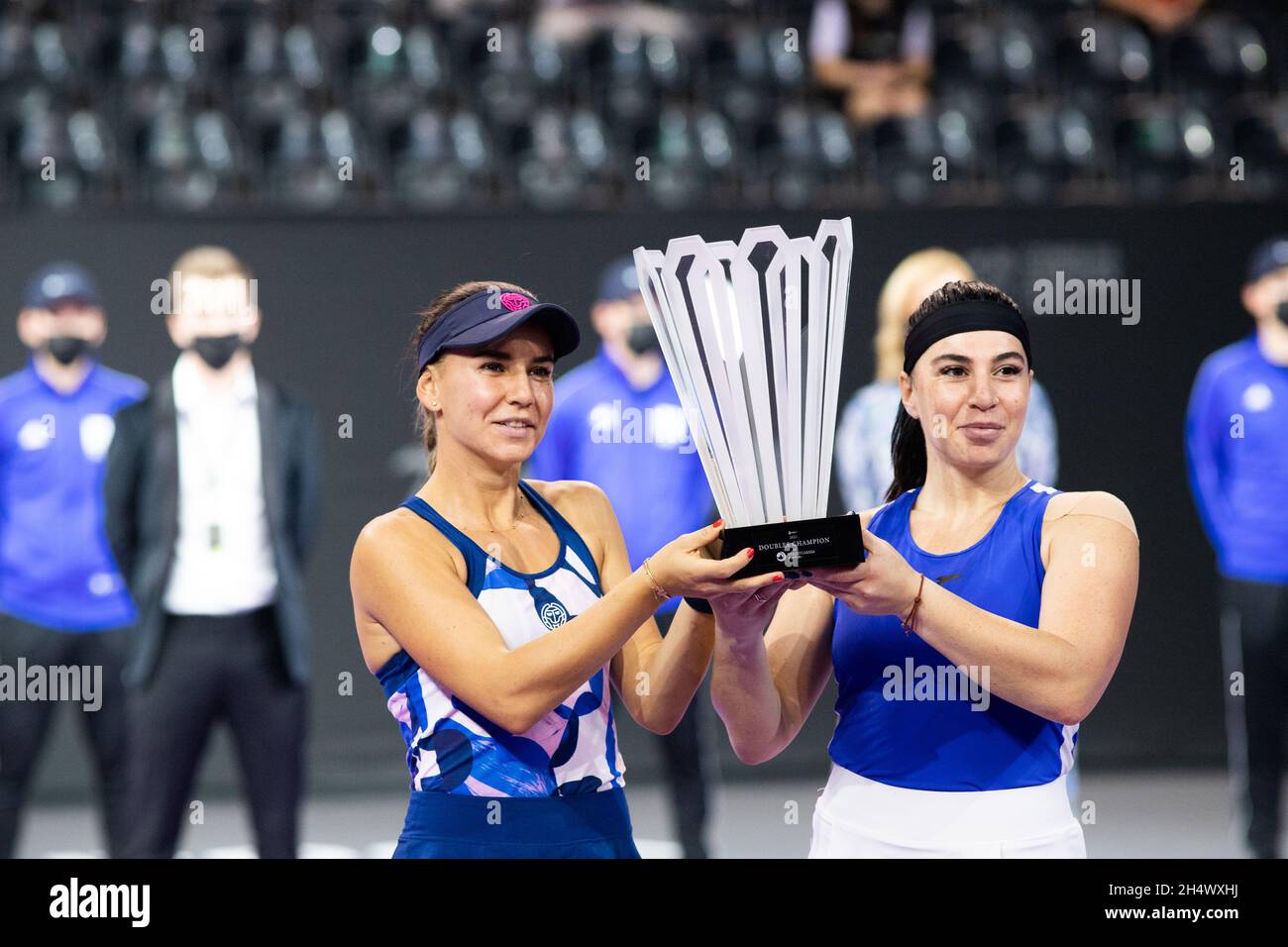 Irina Bara and Ekaterine Gorgodze win the WTA Transylvania Open International Tennis Tournament double final on October 31, 2021 in Cluj-Napoca, Roman Stock Photo