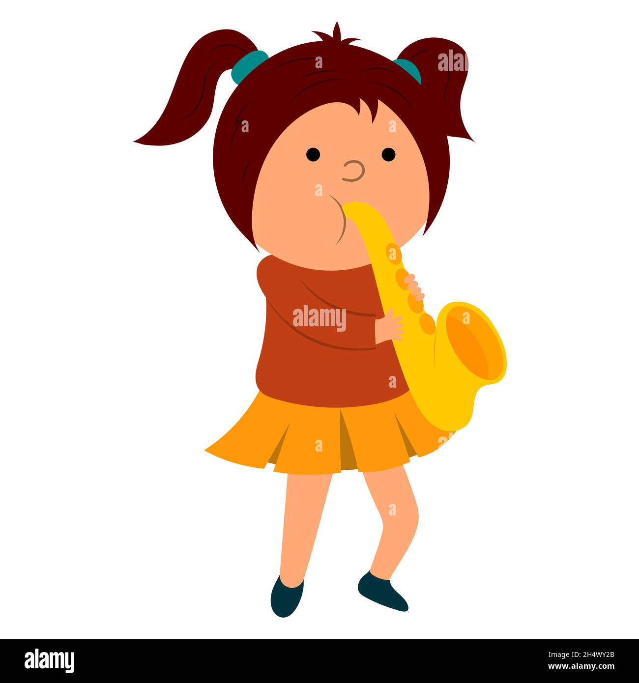 cute cartoon girl playing saxophone, vector isolated on white
